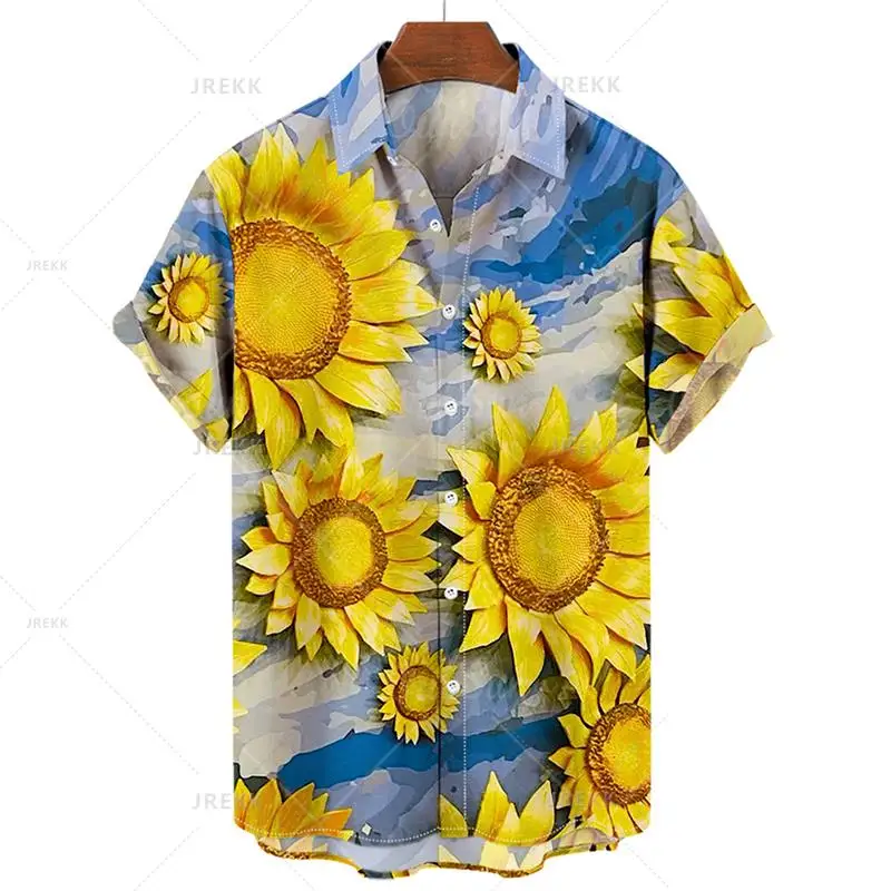 Camisas hawaianas para hombre, camisas con estampado de girasol en 3D para hombre, blusas de manga corta a la moda de talla grande, ropa para hombre