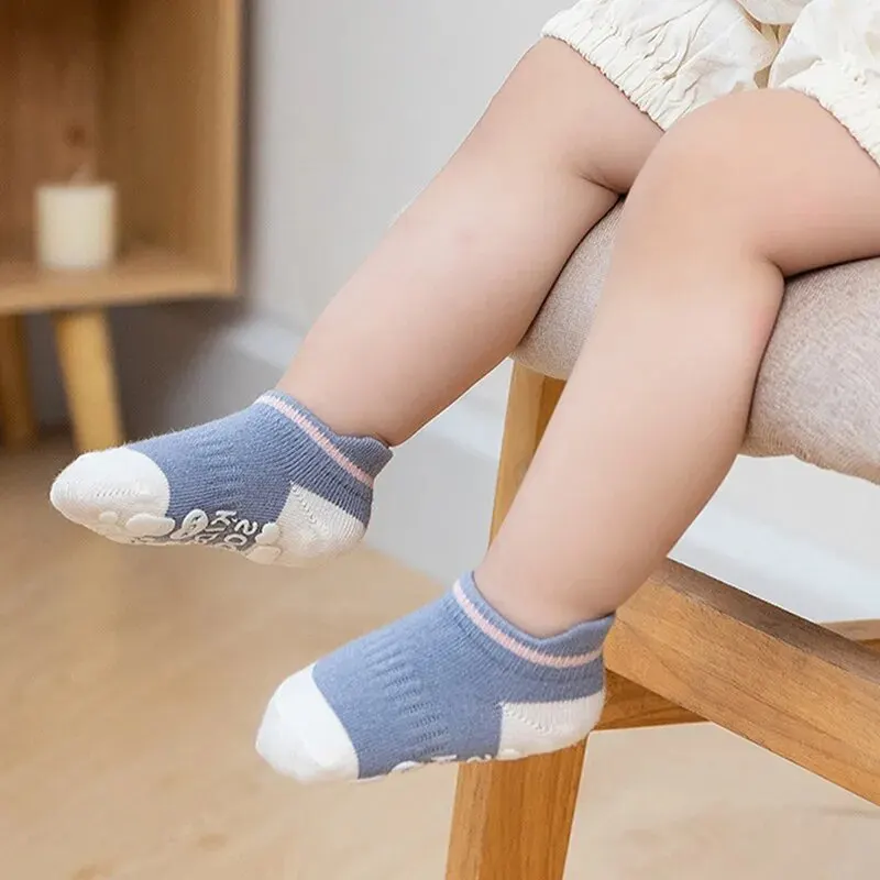미끄럼 방지 솔리드 스트라이프 양말, 남아 여아, , 어린이 고무 바닥 양말, 코튼 메쉬 양말, 0-5 세, 5 켤레/로트
