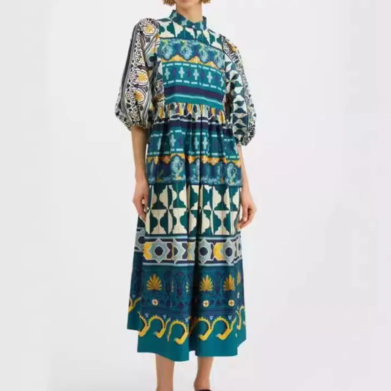 

Винтажное длинное платье с геометрическим принтом, богемное женское платье с воротником-стойкой и высокой талией, повседневное свободное плиссированное платье с рукавом до локтя