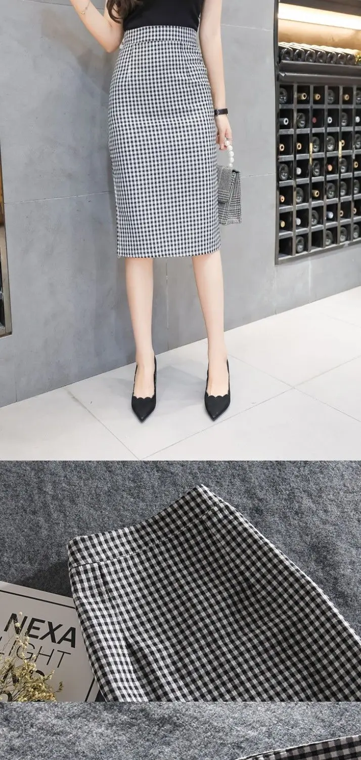 Midi Skirt Korean Fashion Women's Clothing Vintage Plaid Skirt One Pace Wrap Hip Long Skirts Chic Jupe Longue Femme 2022 Summer black pleated skirt