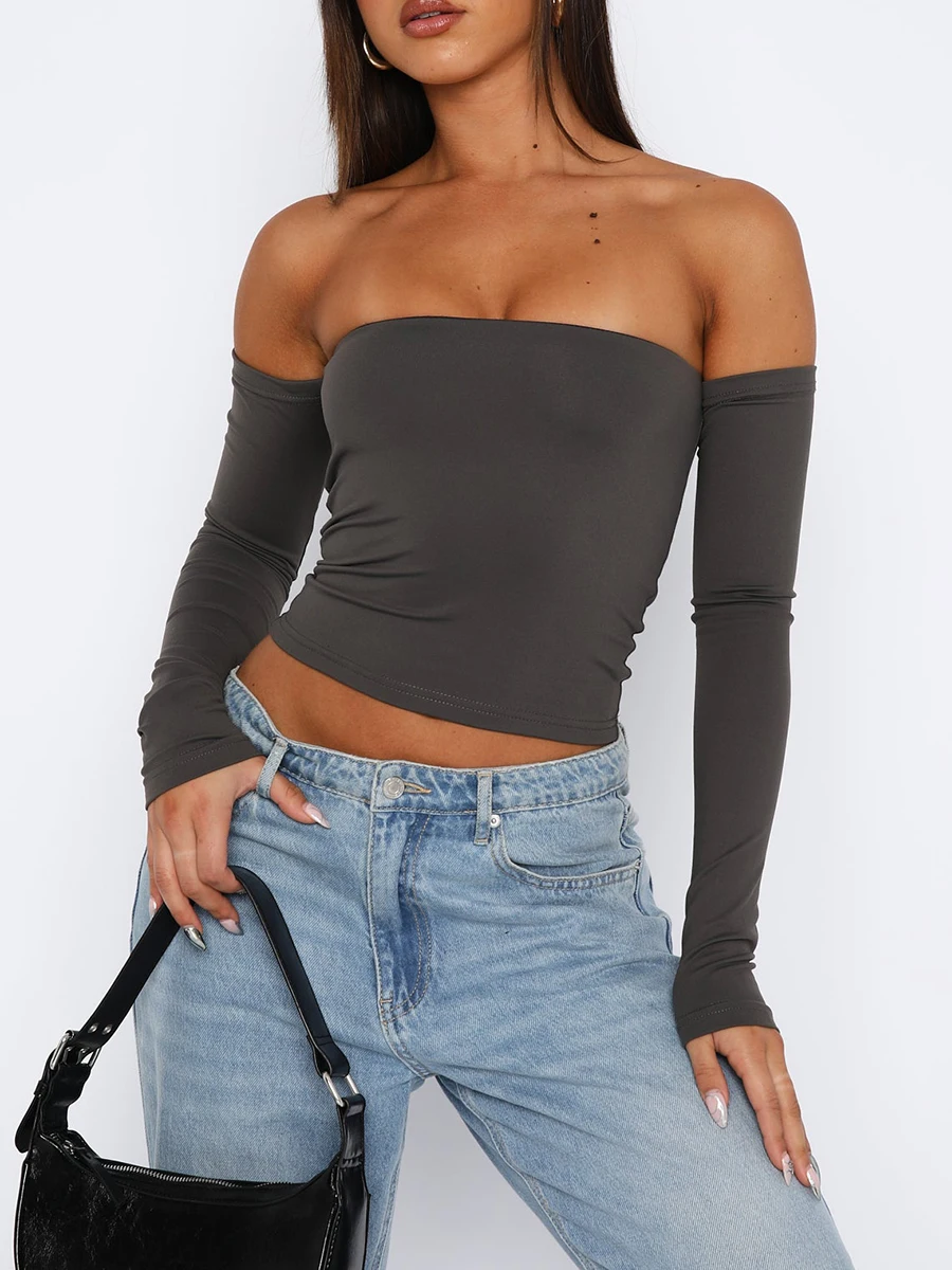 

Women Long Sleeve Off-Shoulder Tops Chic Solid Color Backless Cropped Shirt Summer Casual Slim Tee Blouse Streetwear Clubwear