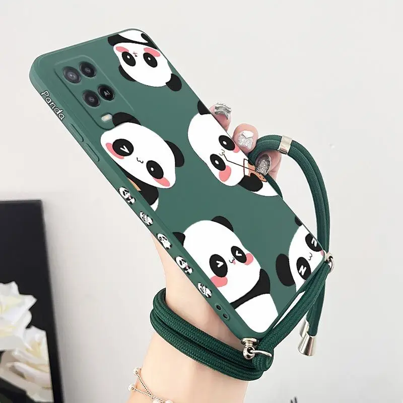 

Milk Tea Panda Crossbody Lanyard Silicone Phone Case For Oppo A15 A15S A16 A16K A76 A77 A78 A53 A54 A55 A92 A94 A95 A83 Cover