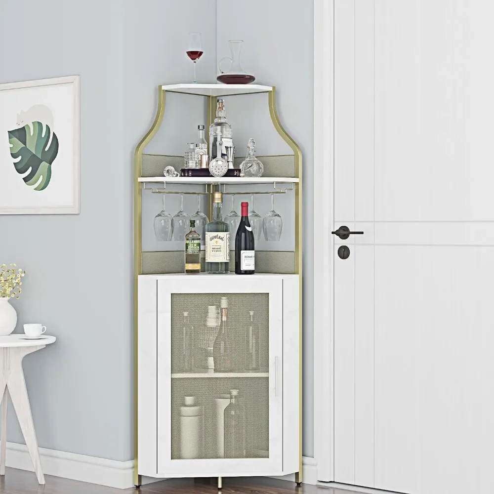 Corner Wine Bar Rack Cabinet with Detachable Bar Cabinet with Glass Holder Small Sideboard and Buffet Mesh Door