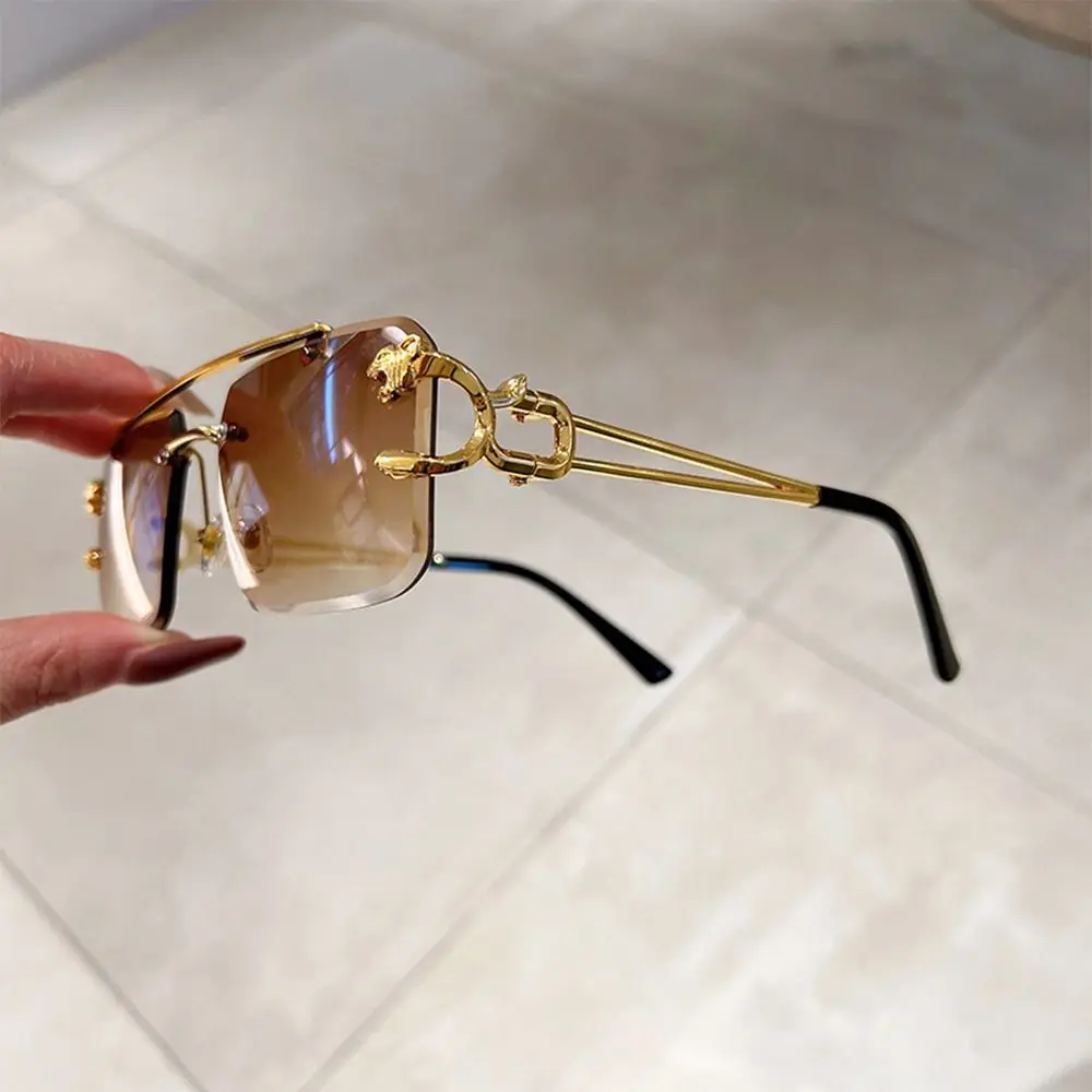 Vintage Double Bridge Rimless Sunglasses Metal UV400 Oversized Square Shades Gradient Eyewear for Women & Men