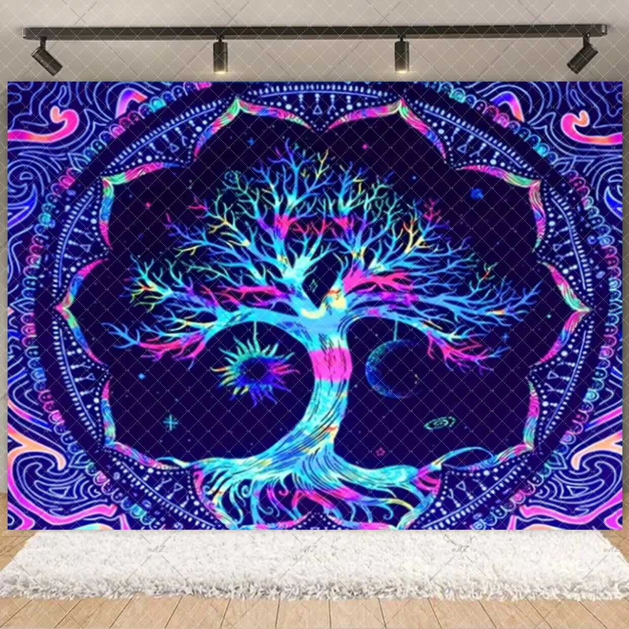 Psychedelischer Cyberpunk-Totenkopf-Augen-Wandteppich, Pilzwald, verträumtes Schlafzimmer, böhmischer Hintergrund, Fantasy-Energiefeld-Kunstdekorationen – Detail 19