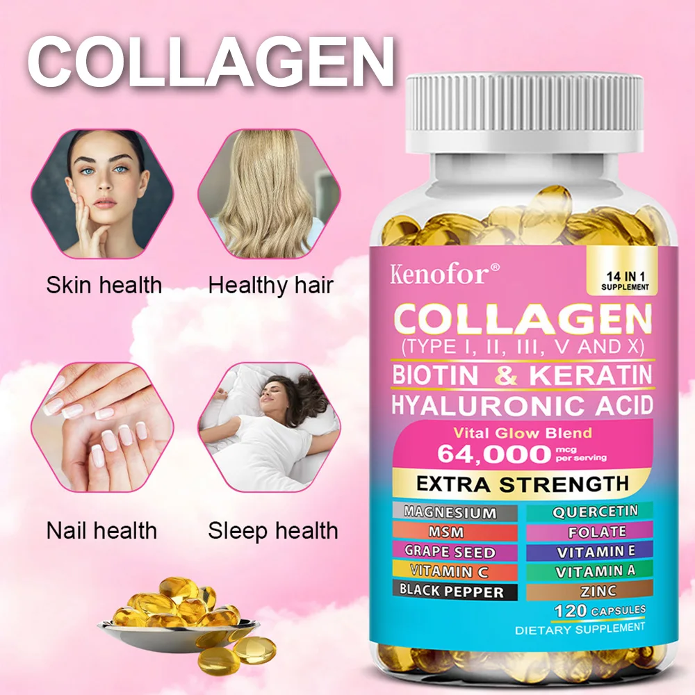 Collagen Capsules with Types I,II,III,V,X + Biotin Keratin Vitamins, Anti‑Aging, Skin Whitening, Hair, Nail Care & Joint Support