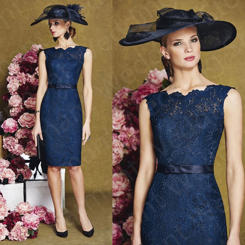 

Latest Classic Navy Blue Mother of the Bride Dresses Lace Short Knee Length Wedding Guest Dress Sleeveless