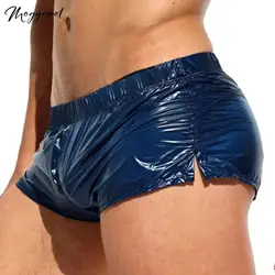 Mens Glossy Low Rise Sides Slit Shorts Solid Color Slim Fit Glossy Swimming Trunks Vacation Beach Pool Party Nightclub Costume