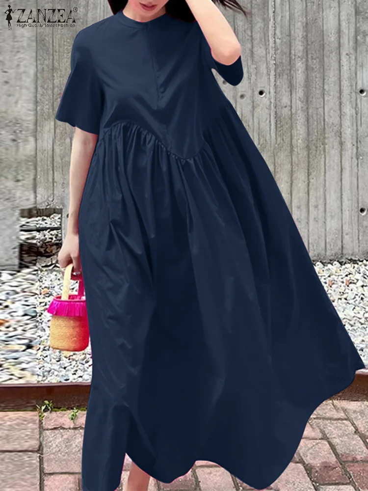 

ZANZEA Women Loose Maxi Dress O-neck Front Zipper Dress Irregular Stitching Fashion Vestido Solid Holiday Casual Summer Robe