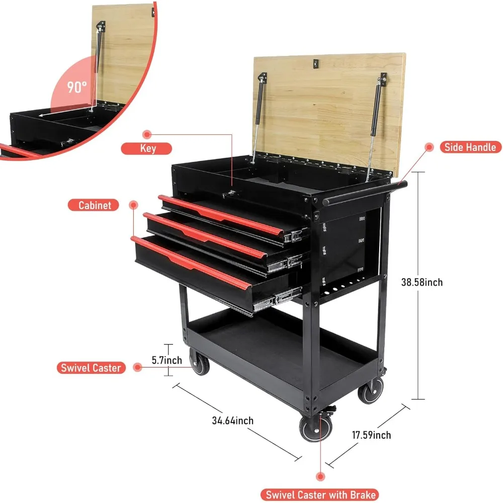 3-Drawer Rolling Tool Chest Cabinet, 38-Inch Tool Box, Multifunction Tool Cart with Wheels and Wooden Top, Drawer Liner, Mobile 3