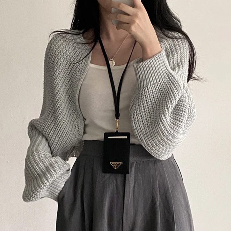 한국 세련된 초가을 틈새 라운드 넥 느슨한 캐주얼 긴 소매 짧은 니트 카디건 볼레로 여성