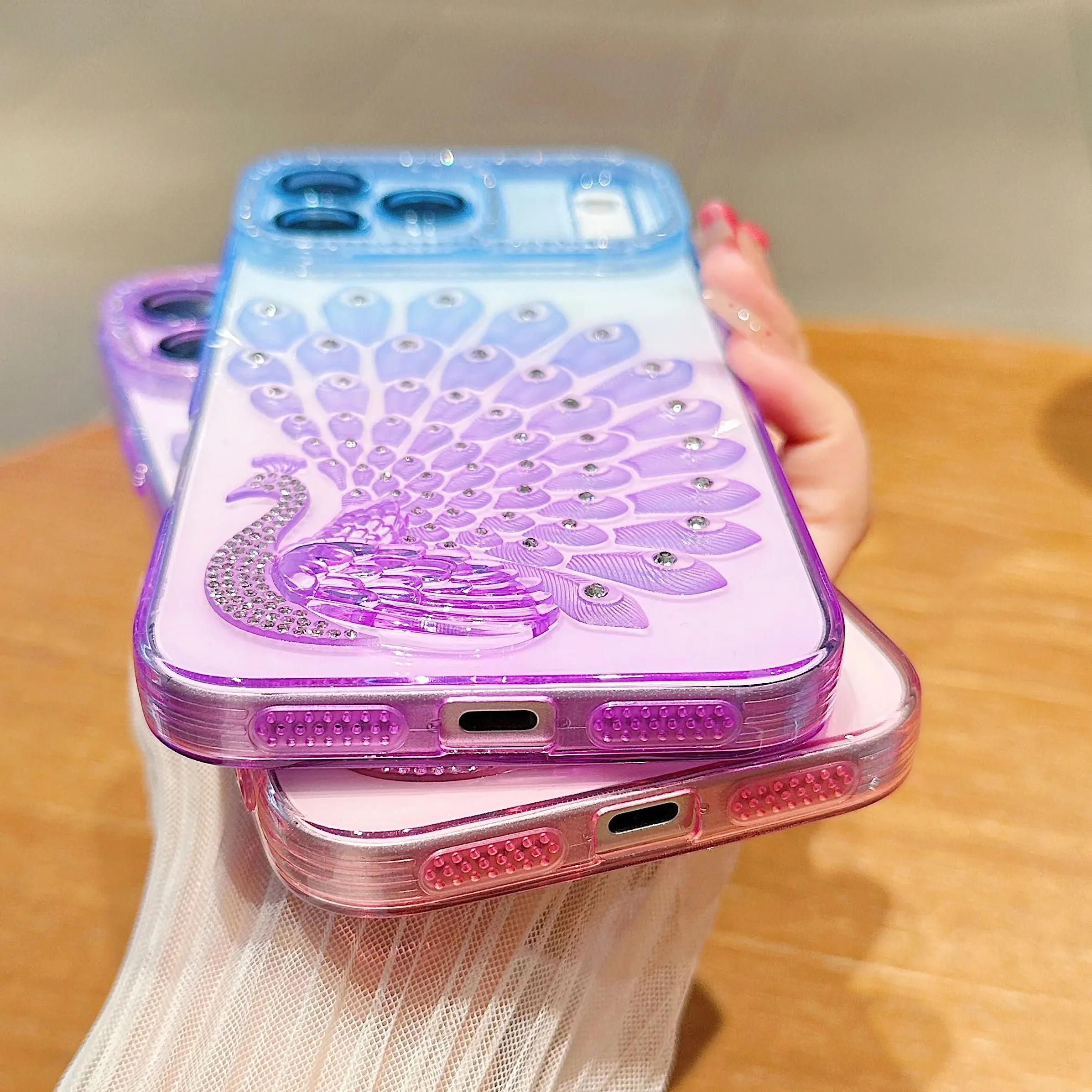 Colorful Peacock Diamond Aesthetic Gradient Clear Case with Lens Protection
