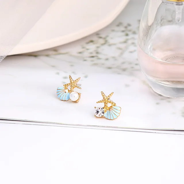 Starfish Shell Stud Earrings for Women Small Cute Imitation Pearl Earrings Banquet Wedding Jewelry Blue