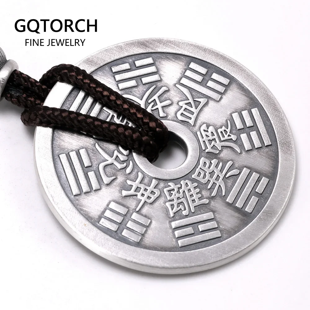 

Real 999 Sterling Silver Bagua Gossip Pendant Necklace For Women Men Retro Antique Matt Amulet Rope Necklace Feng Shui Jewelry