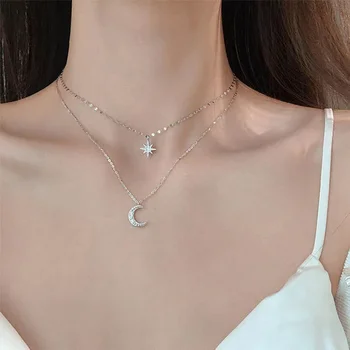 SUMENG 2024 Simple Double Layer Star Moon Charm Multilayered Necklace Delicate Clavicle Chain Zircon For Women Fashion Jewelry