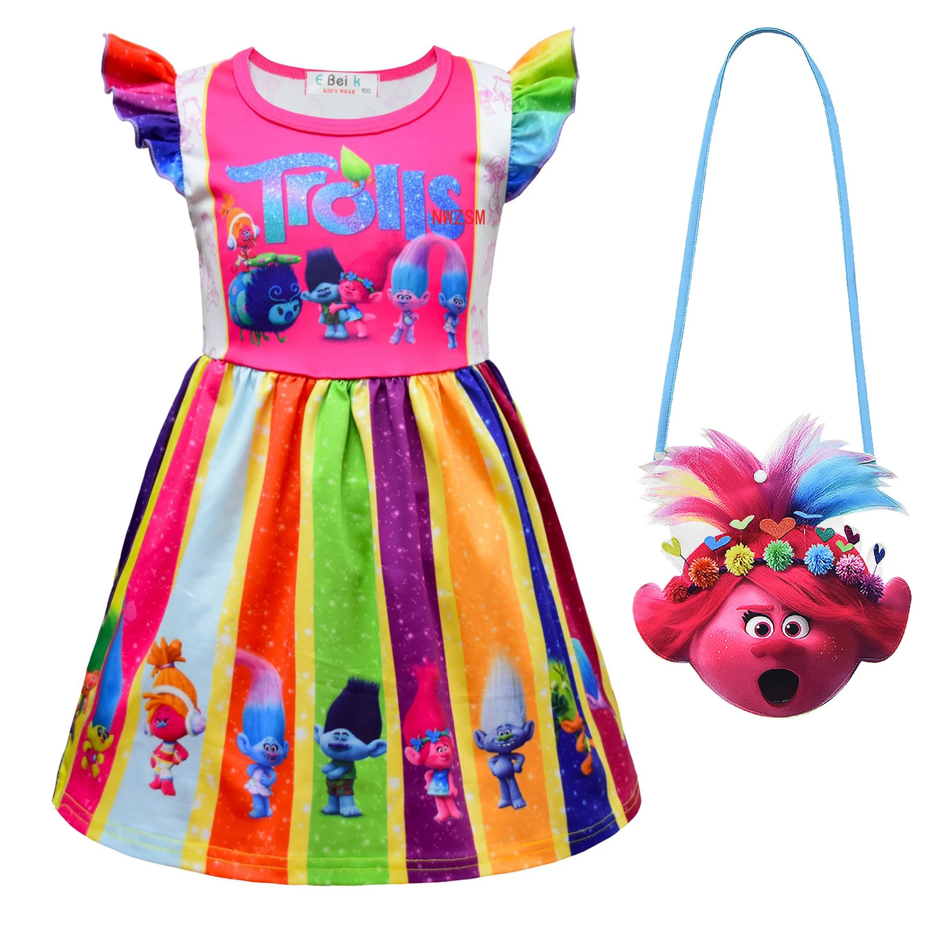 Kids Trolls Dress for Girls Summer Cartoon Children Clothing Milk Silk Ruffle Sleeve Princess Dresses Birthday Floral Clothes kids girls dress