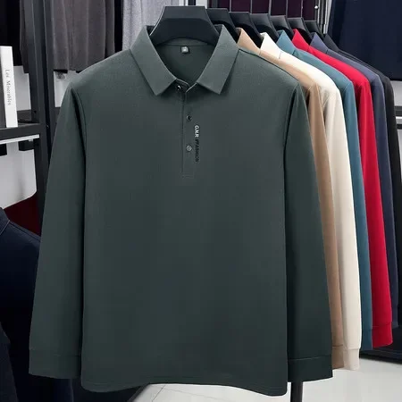 Polo classique à manches longues pour homme, col à revers, décoration minimaliste avec lettres, tissu extensible confortable, coupe ajustée, chemise pour homme, idéale pour le quotidien. 1
