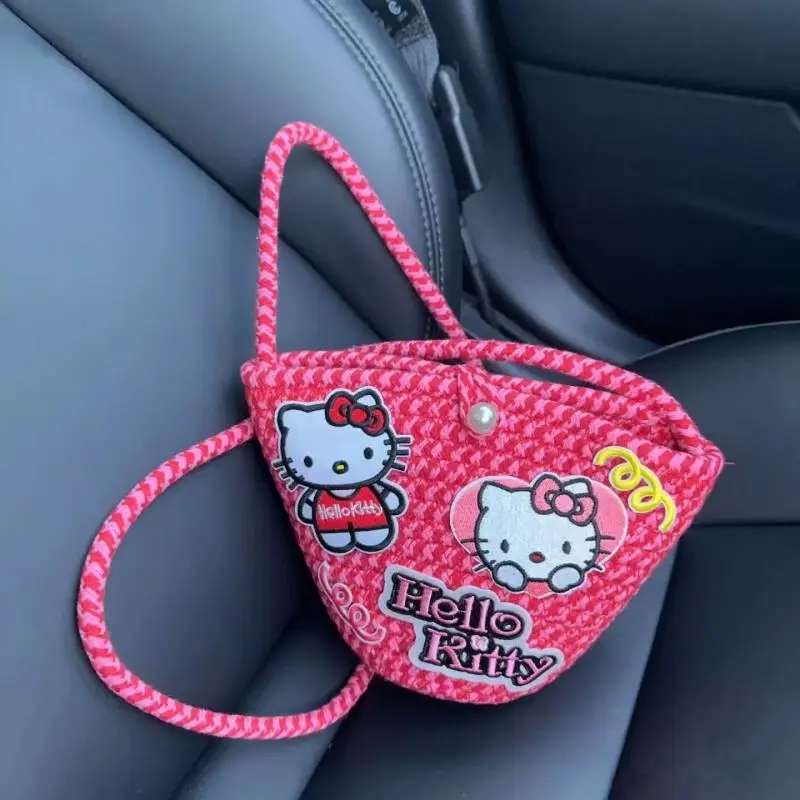 

Kawaii Sanrio аниме соломенная сумка Милая Hello Kitty мультфильм Ins жемчужные аксессуары пуговицы через плечо плетеные подарки для девочек