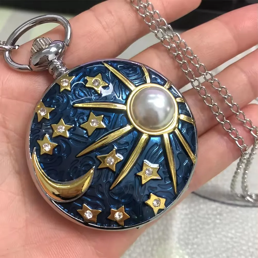 Vintage Gift Pendant Clock Star Night Moon Sun inlaid pearl birthday gift necklace pendant quartz watch pocket chain