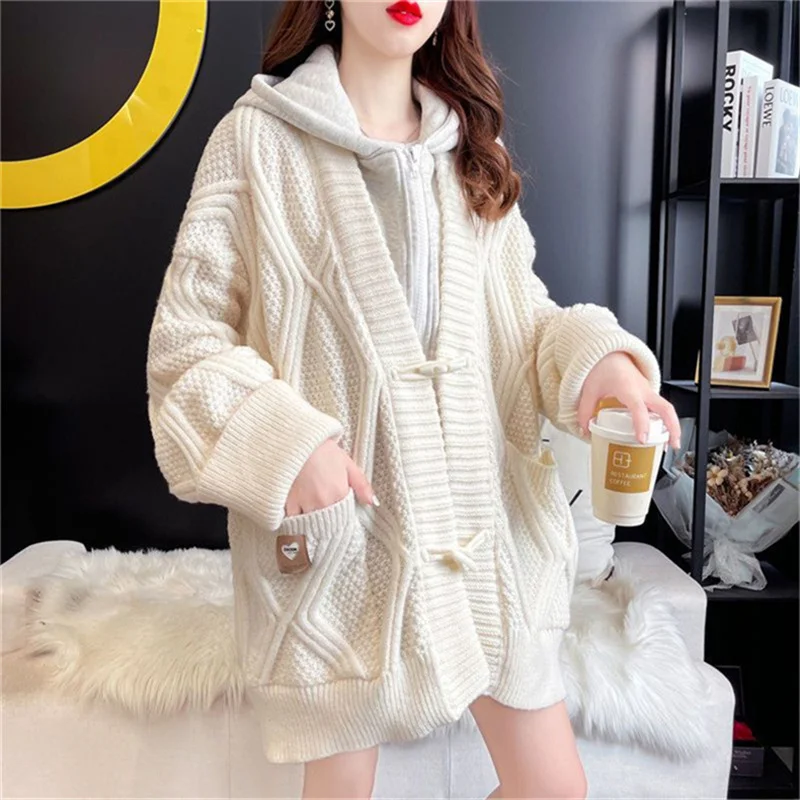 

Fashion Knitted Cardigan Sweater Women Fake Two-piece Hooded Knitting Cardigan Top Streetwear Autumn Winter Loose Sweater Female