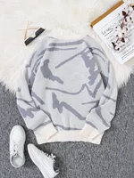 New Popular Spring Autumn Graffiti Jacquard Pattern Pullover Sweater Casual Round Neck Contrast Color Knitted Men's Pullover 2