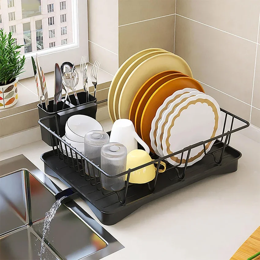 

Dish Drying Rack with Drainboard 2 Tier Dish Rack Anti-Rust Dish Drainer with Removable Utensil Holder Cutlery & Cup Holder