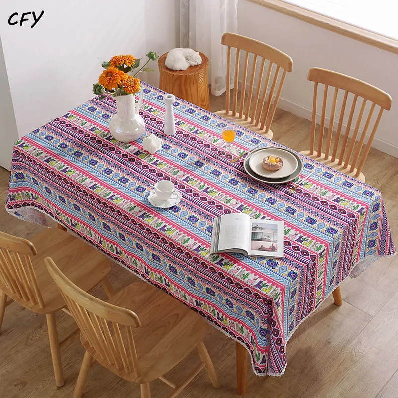 

Cotton Linen Boho Geometric Stripe Pattern Tablecloth Waterproof Rectangular Tablecloth Dining Table Cover Tea Cloth