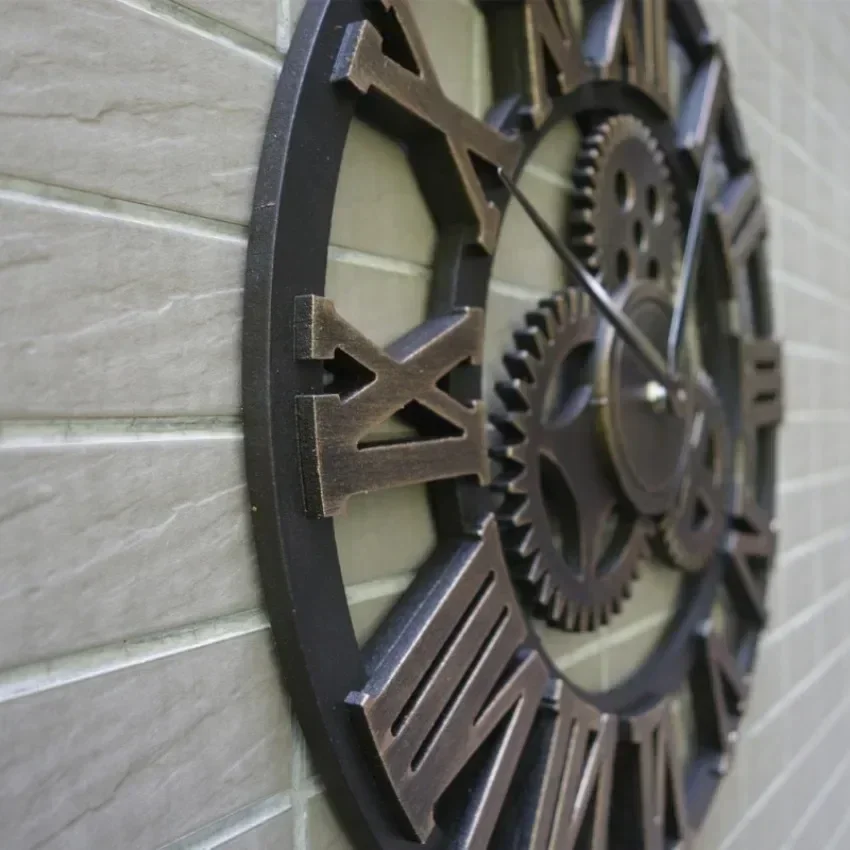Vintage Industrial Wall Clock – 3D Gears Design with Roman Numerals, Retro Gold & Silver Finish 3