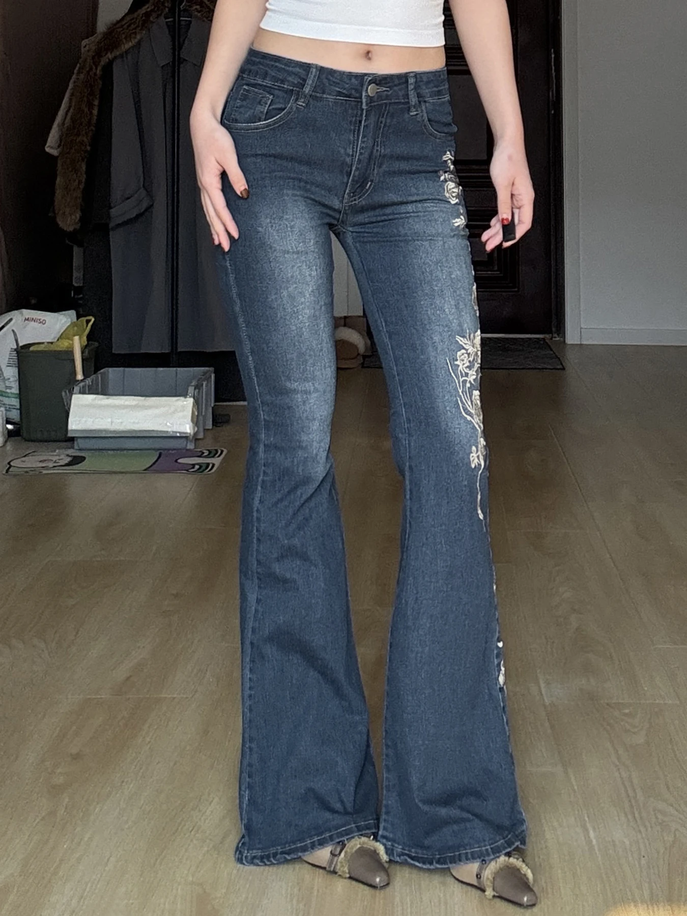 Weekeep Retro Floral Embroidery Jeans Vintage 2000s Low Rise