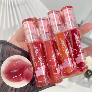 Cute Bear Lip Gloss Crystal Jelly Mirror Waterproof Liquid Lipstick Moisturizing Reducing Lip Lines Long Lasting Lip Ink Makeup