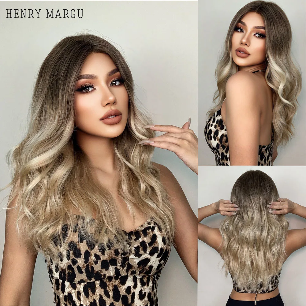 HENRY MARGU Long Wavy Lace Front Synthetic Wig Ombre Blonde Brown T Part Lace Heat Resistant Wig for Black Woman Cosplay Hair