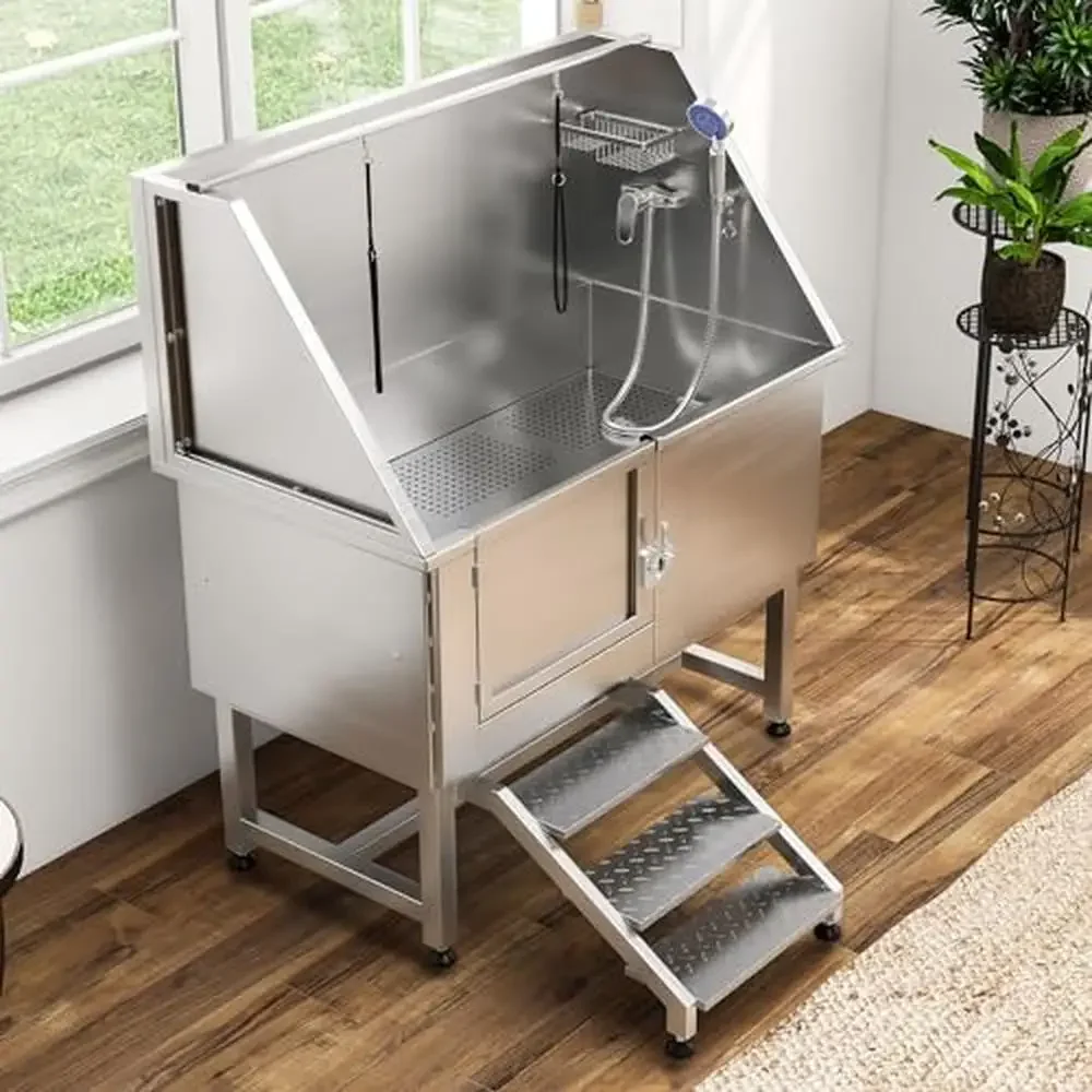 Adjustable Water Pressure Stainless Steel Dog Grooming Tub w/Steps Floor Grate Faucet Large Capacity 50" Professional Bathtub