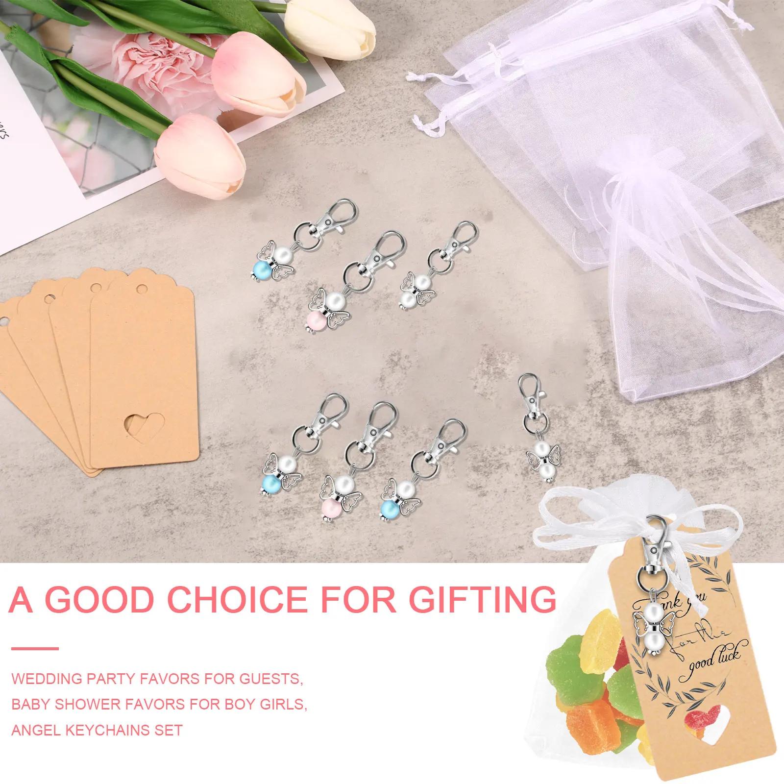 30Pcs Angel Keychains Set with 30 Organza Bags and 30 Thank You Tags Baby Shower Favors Zinc Alloy Angel Keyrings Pendant Guest