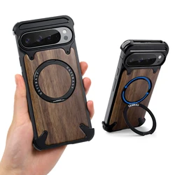 Oatsbasf Solid Wooden Phone Case with 360° Rotatable Stand and Magsafe, Frameless Shockproof Design for Google Pixel 9 Pro XL (Balck)