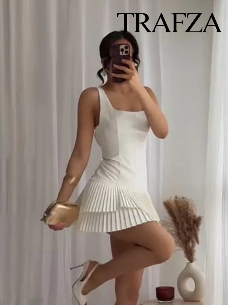 TRAFZA Women Summer Square Collar Sleeveless Solid Mini Dress Woman Elegant Chic High Street Slim Short Dress Pleated Dress 4