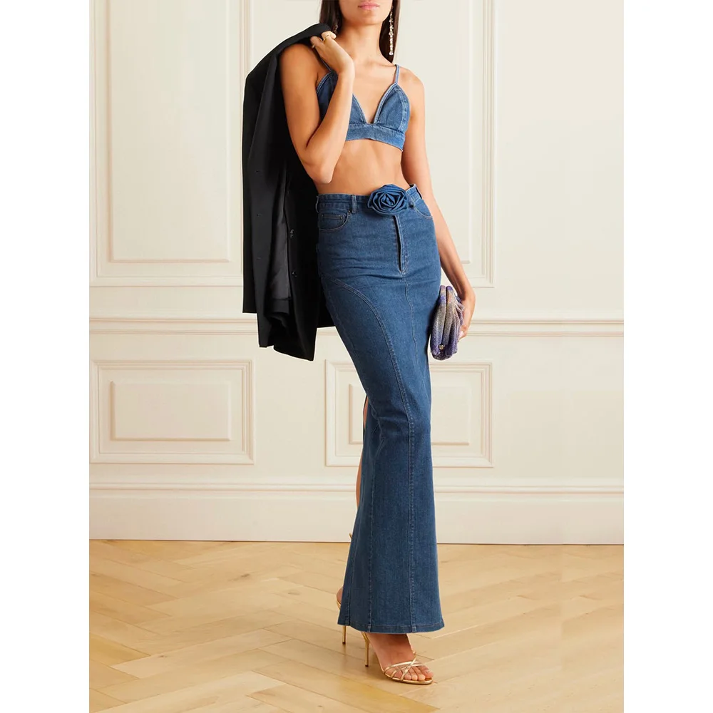 

High quality! 24 spring and summer new niche long legs high waist Slim flower straps denim package hip half-body skirt female