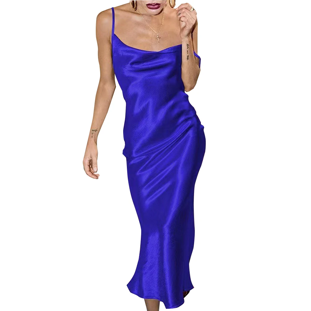 

Sexy Spaghetti Strap Backless Summer Dress Women Satin Lace Up Trumpet Long Dress Elegant Bodycon Party Dresses