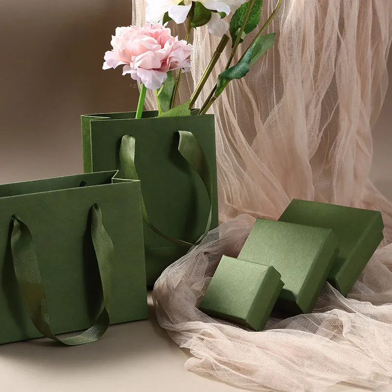 1Pc Vintage Green Jewelry Storage Box Handbag Ring Earrings Pendant Bracelet Necklace Organizer Paper Gift Jewelry Packaging Box