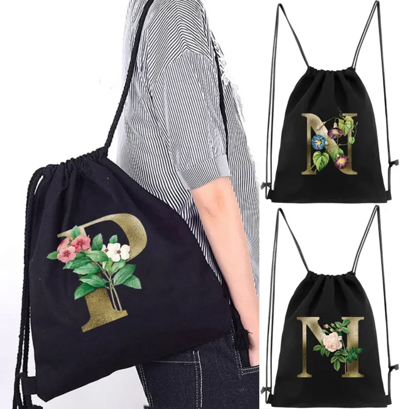 

Canvas Drawstring Backpack Gym Drawstring Bag Golden Flower 26 Letter Name Series Pattern Casual String Shoulders Beach Bag