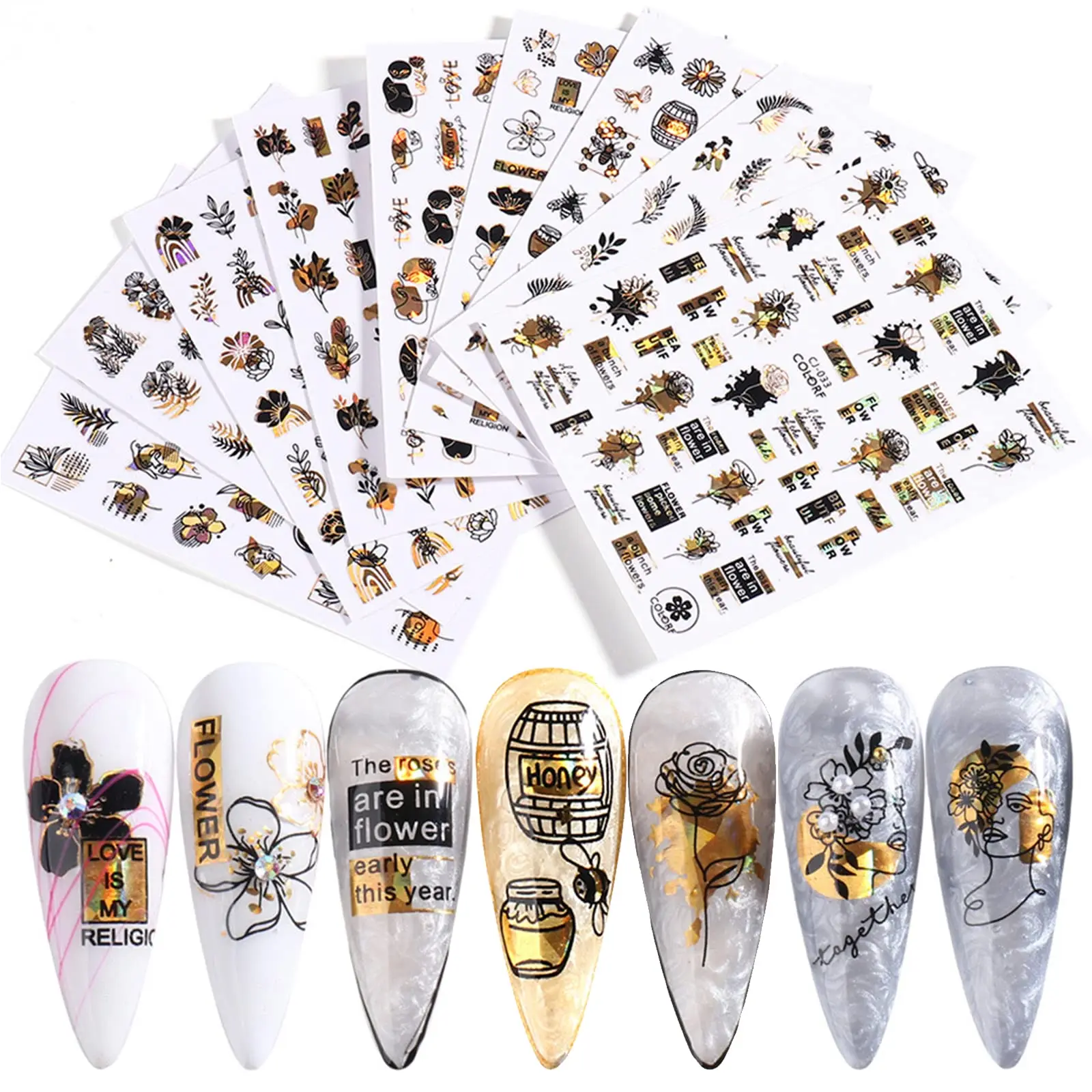 Nail Art Stickers,12sheets 3d Metallic Laser Black Gold Flower Rose