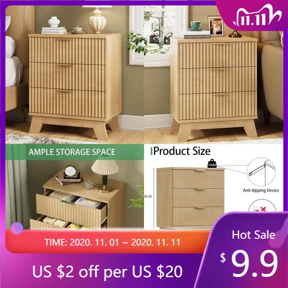 Mid-Century Modern 24" Wide Fluted Nightstand with 3 Drawers and Metal Handles