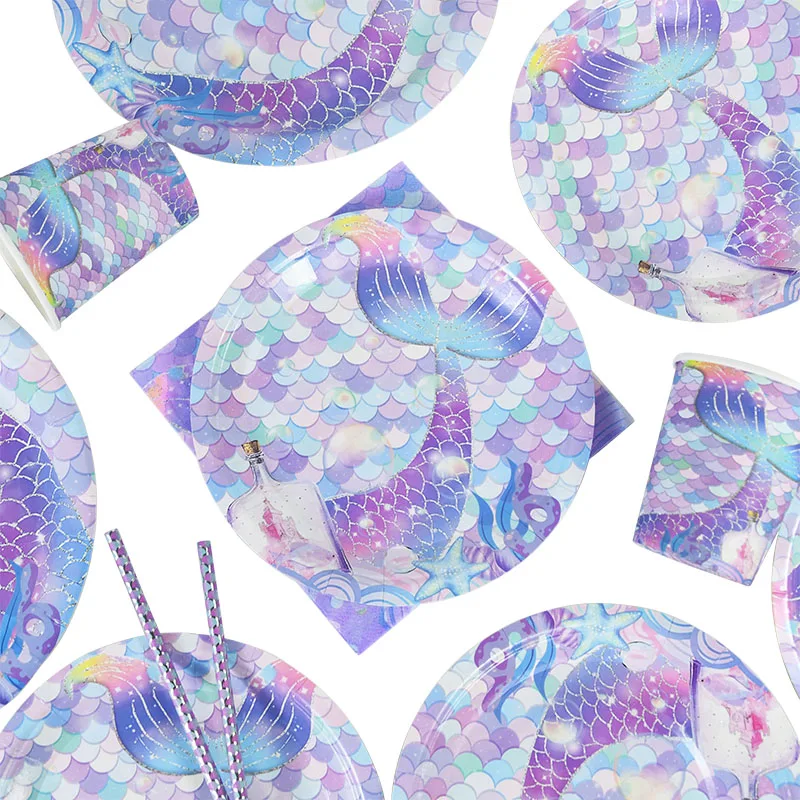 

Mermaid Tableware Baby Shower Party Disposable Paper Plate Cup Mermaid Tail Drift Bottle Tablecloth Birthday Theme Party Supplie