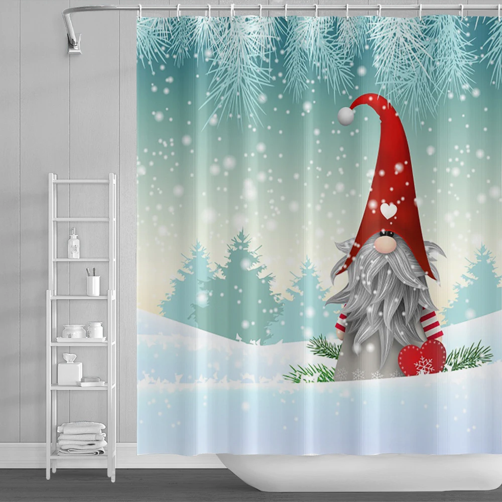 

Merry Dwarf Christmas Shower Curtain Gnome Red Xmas Hat Snow Forest Pine Tree Bathroom Decor Waterproof with Hooks Bath Curtains