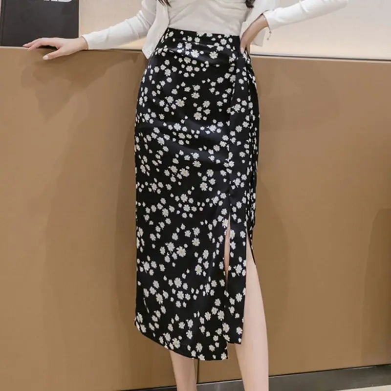 Temperament Printed Summer Women's Clothing with Tie Up Waist Slim Fit Fashion Versatile Mid Length Slit Wrapped Hip Skirt