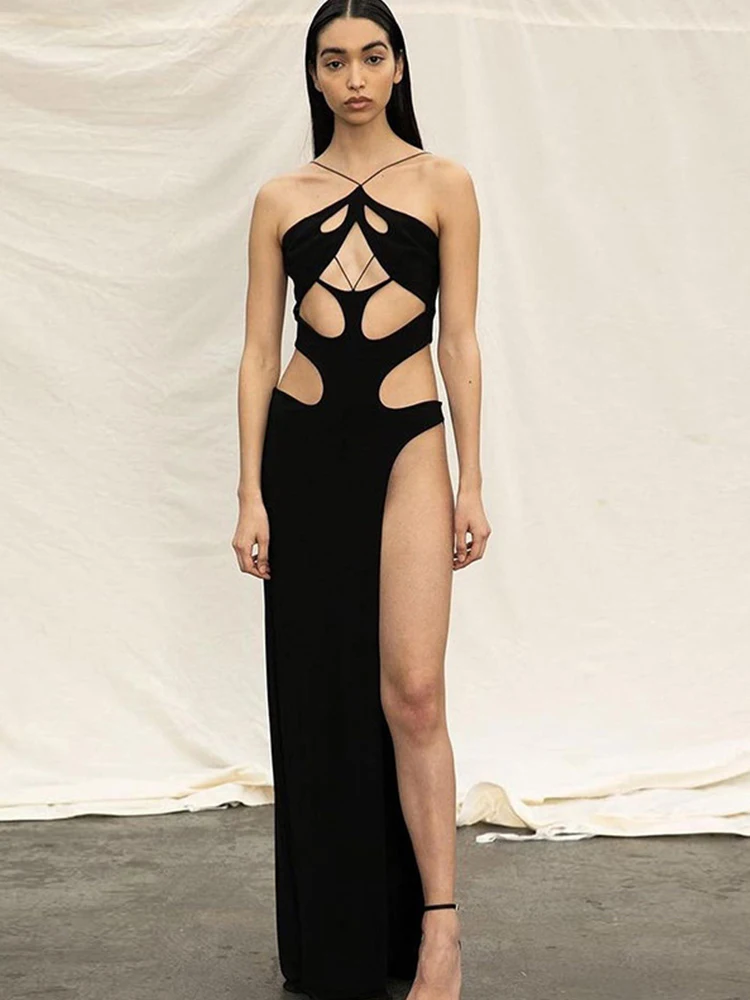 Cryptographic Fashion Black Halter Cut Out Hight Waist Split Long Dress Women Club Party Hot Sexy Backless Maxi Dresses Clothes 2