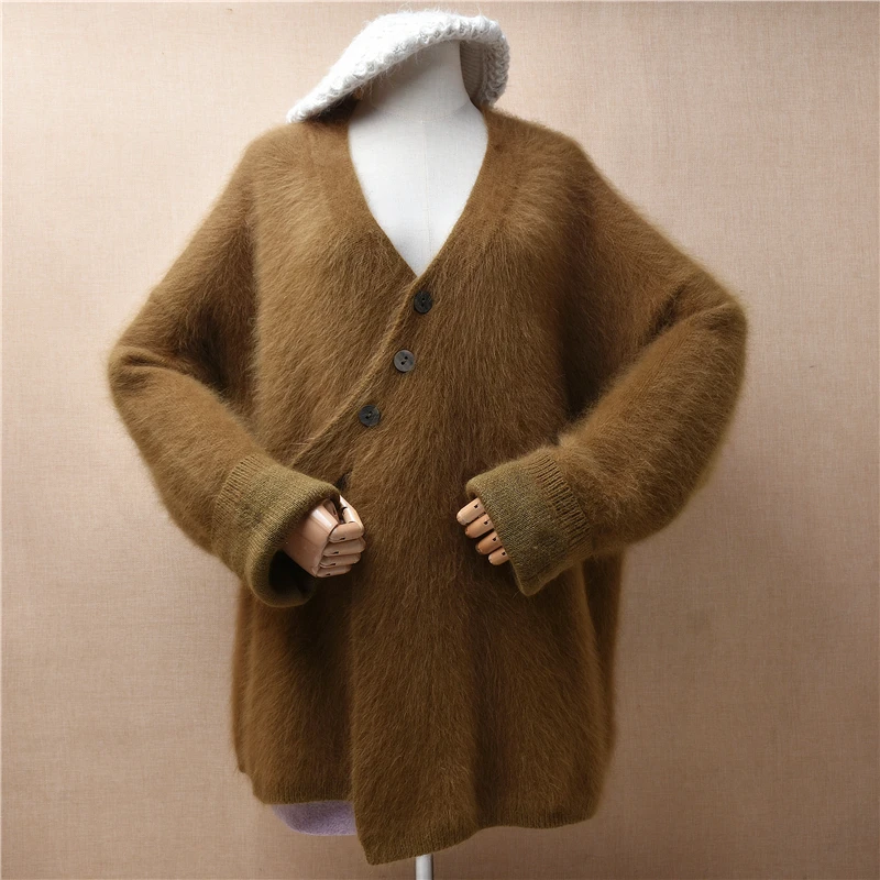 

04 Ladies Women Fall Winter Clothing Hairy Angora Rabbit Hair Knitwear Inside V-Neck Loose Cardigans Jacket Sweater Coat Pull