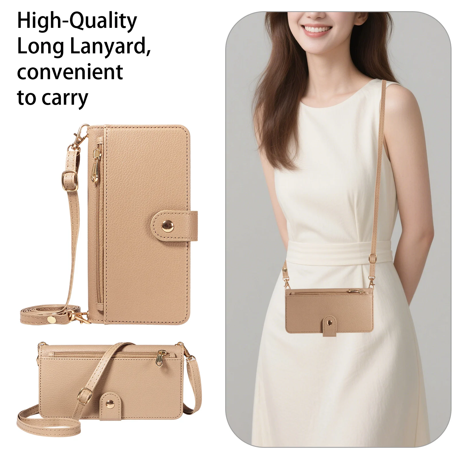Protective Zipper Wallet Phone Case with Makeup Mirror and Crossbody Bag in Faux Leather