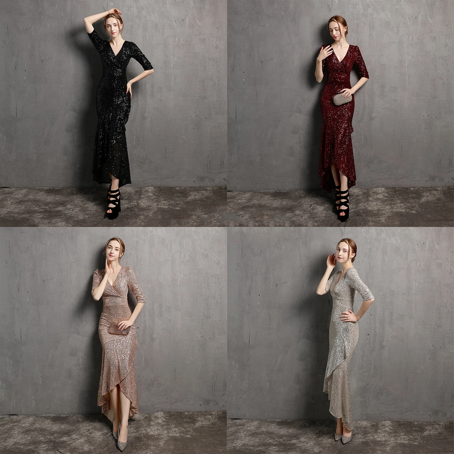 

Новинка женское платье с длинным рукавом и V-образным вырезом платье средней длины с блестками в европейском и американском стиле