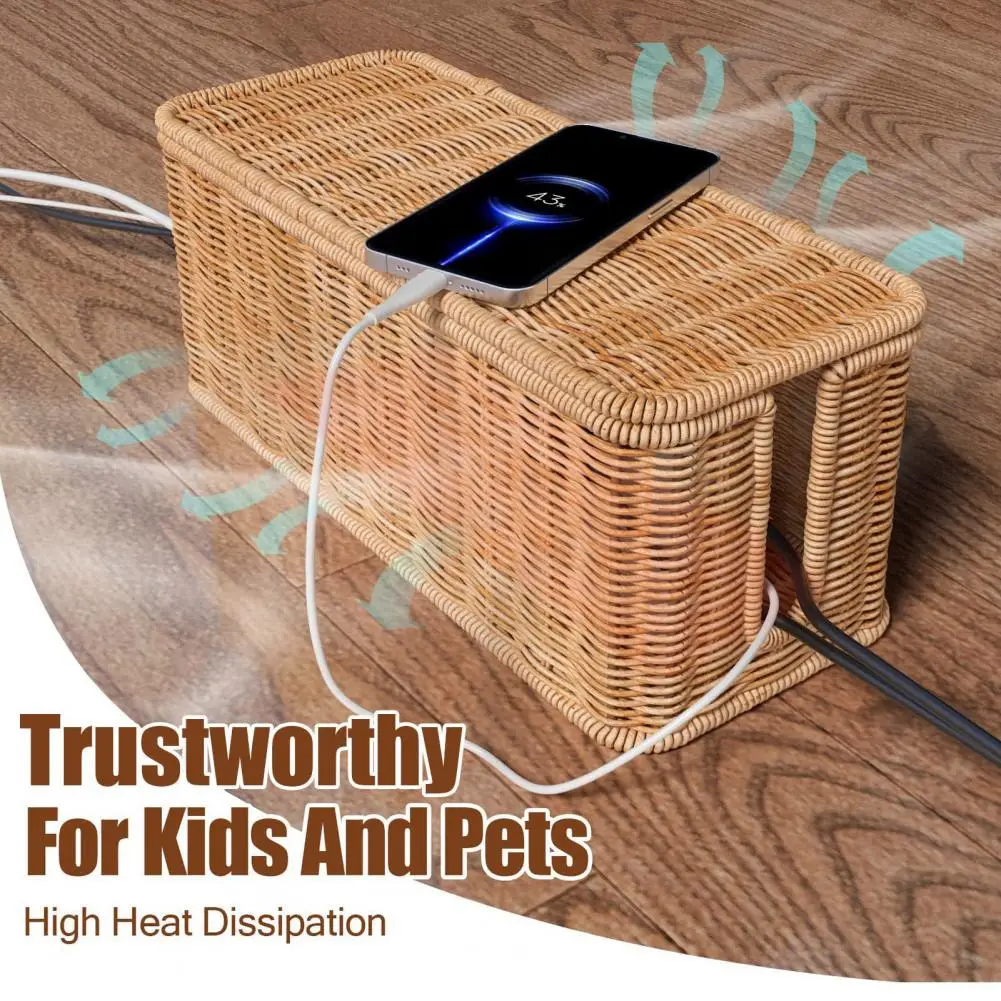 Storage Basket Handwoven Rattan Cable Management Box with 2 Slots for Power Cords Capacity Organizer Basket for Hidden Wires 4