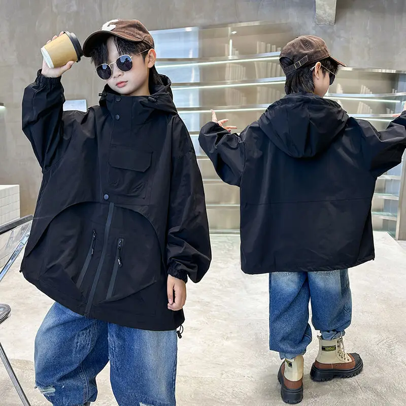 Spring Autumn Solid Korean Fashion New Full Sleeves Zipper Hooded Loose Cargo Coats Handsome Jackets Trench Outerwear